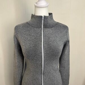 R898 Ribbed Knit Zip Front Mini‎ Dress Womens Grey Long Sleeve Mock Neck Bodycon